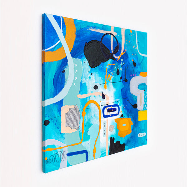 Abstract Painting – Original Wall Art – Acrylic Oil & Mixed Media on Canvas – Blue Yellow Painting – "Subcon-Blau I" – 20"x20" (50x50cm)