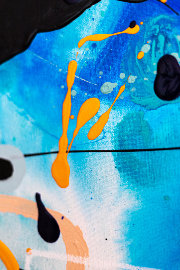 Abstract Painting – Original Wall Art – Acrylic Oil & Mixed Media on Canvas – Blue Yellow Painting – "Subcon-Blau I" – 20"x20" (50x50cm)