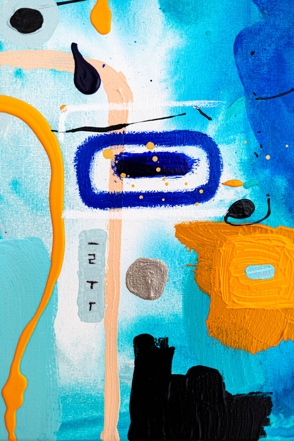 Abstract Painting – Original Wall Art – Acrylic Oil & Mixed Media on Canvas – Blue Yellow Painting – "Subcon-Blau II" – 20"x20" (50x50cm)