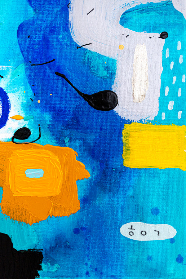 Abstract Painting – Original Wall Art – Acrylic Oil & Mixed Media on Canvas – Blue Yellow Painting – "Subcon-Blau II" – 20"x20" (50x50cm)