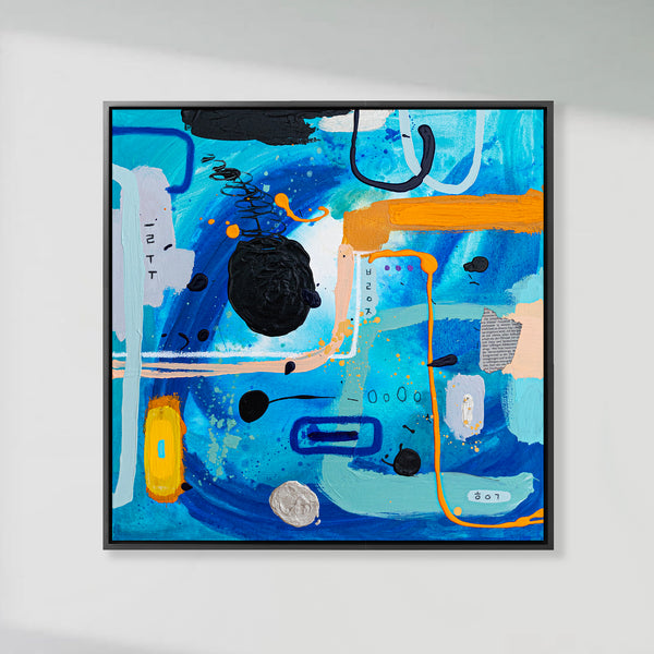 Abstract Painting – Original Wall Art – Acrylic Oil & Mixed Media on Canvas – Blue Yellow Painting – "Subcon-Blau II" – 20"x20" (50x50cm)