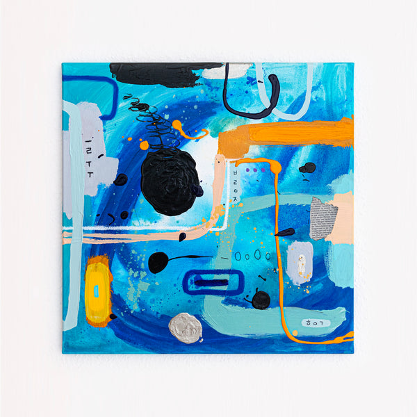 Abstract Painting – Original Wall Art – Acrylic Oil & Mixed Media on Canvas – Blue Yellow Painting – "Subcon-Blau II" – 20"x20" (50x50cm)