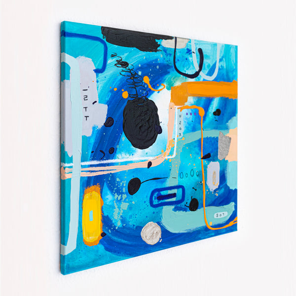 Abstract Painting – Original Wall Art – Acrylic Oil & Mixed Media on Canvas – Blue Yellow Painting – "Subcon-Blau II" – 20"x20" (50x50cm)