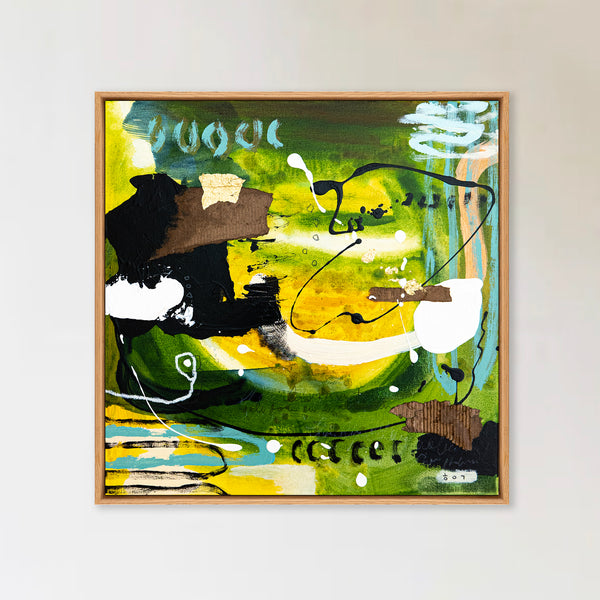 Abstract Painting – Original Wall Art – Acrylic Oil & Mixed Media on Canvas – Green Yellow Painting – "Subcon-Verte II" – 20"x20" (50x50cm)