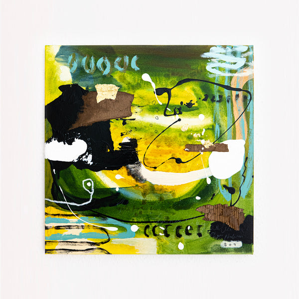 Abstract Painting – Original Wall Art – Acrylic Oil & Mixed Media on Canvas – Green Yellow Painting – "Subcon-Verte II" – 20"x20" (50x50cm)