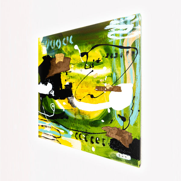 Abstract Painting – Original Wall Art – Acrylic Oil & Mixed Media on Canvas – Green Yellow Painting – "Subcon-Verte II" – 20"x20" (50x50cm)