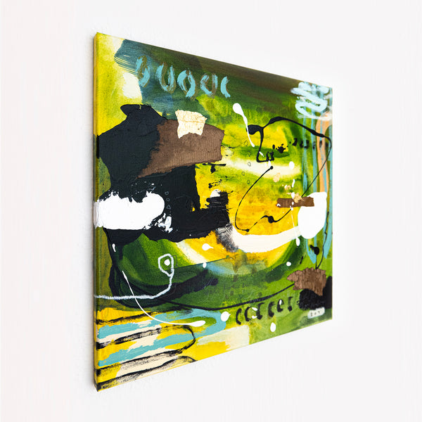 Abstract Painting – Original Wall Art – Acrylic Oil & Mixed Media on Canvas – Green Yellow Painting – "Subcon-Verte II" – 20"x20" (50x50cm)