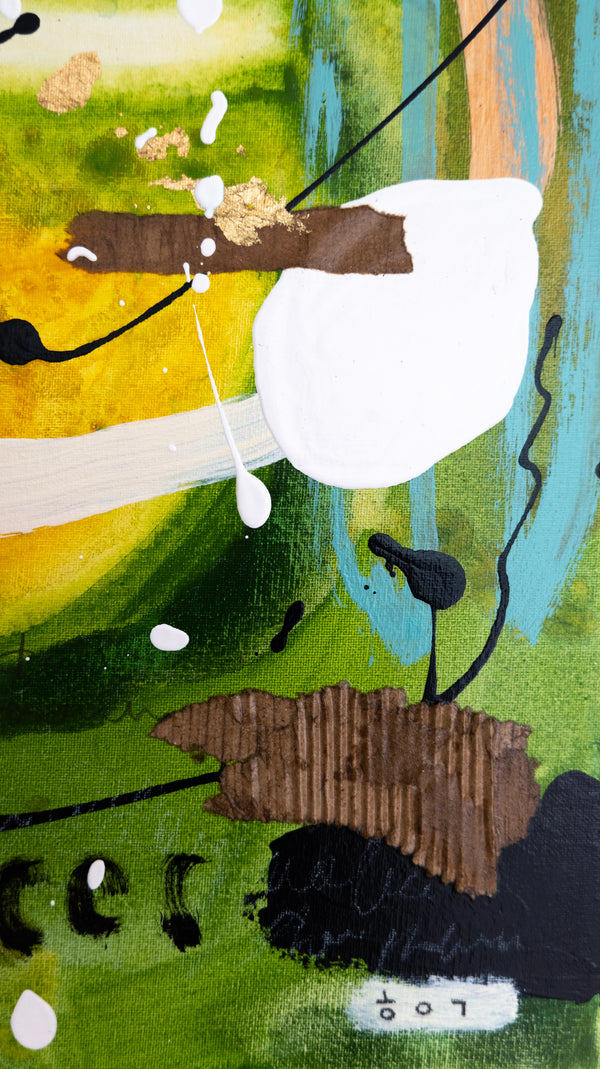 Abstract Painting – Original Wall Art – Acrylic Oil & Mixed Media on Canvas – Green Yellow Painting – "Subcon-Verte II" – 20"x20" (50x50cm)