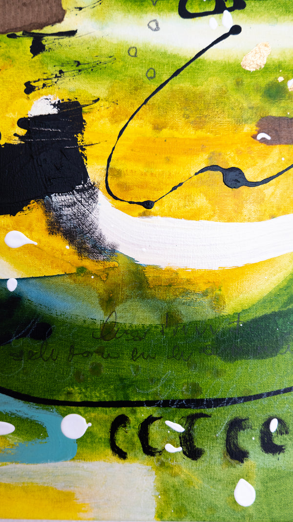 Abstract Painting – Original Wall Art – Acrylic Oil & Mixed Media on Canvas – Green Yellow Painting – "Subcon-Verte II" – 20"x20" (50x50cm)