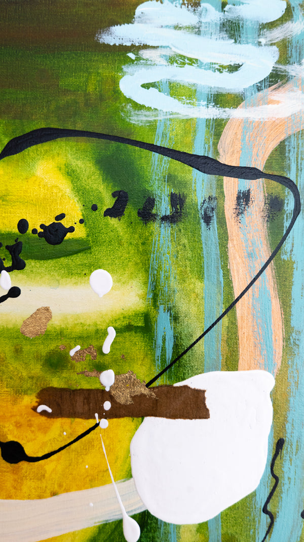 Abstract Painting – Original Wall Art – Acrylic Oil & Mixed Media on Canvas – Green Yellow Painting – "Subcon-Verte II" – 20"x20" (50x50cm)