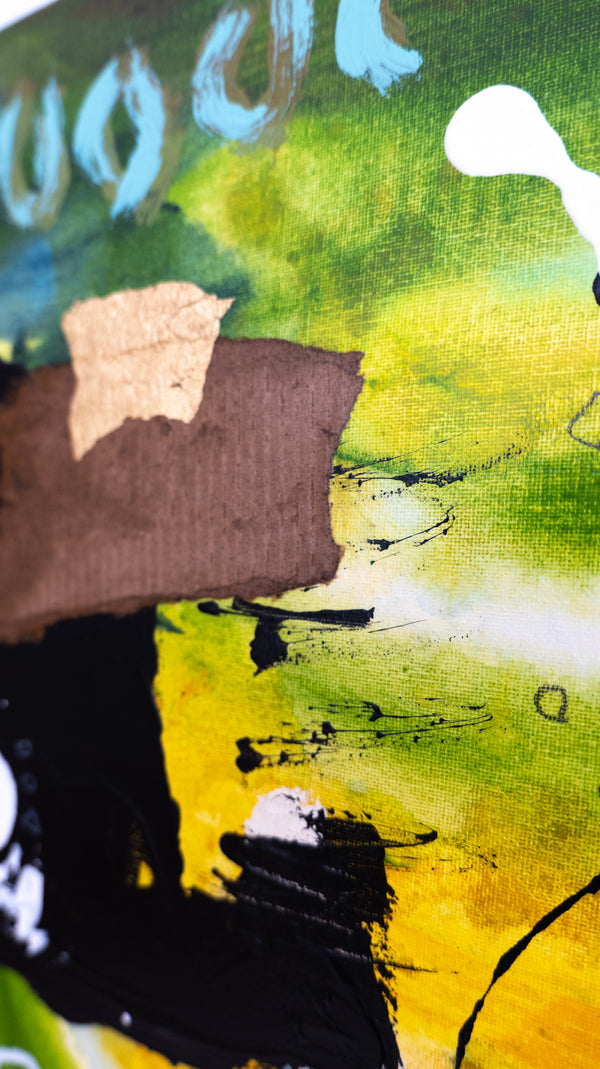 Abstract Painting – Original Wall Art – Acrylic Oil & Mixed Media on Canvas – Green Yellow Painting – "Subcon-Verte II" – 20"x20" (50x50cm)