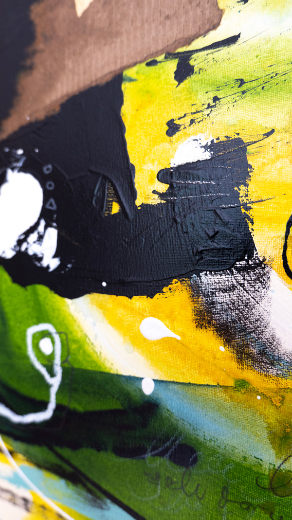 Abstract Painting – Original Wall Art – Acrylic Oil & Mixed Media on Canvas – Green Yellow Painting – "Subcon-Verte II" – 20"x20" (50x50cm)