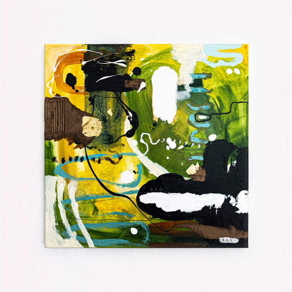 Abstract Painting – Original Wall Art – Acrylic Oil & Mixed Media on Canvas – Green Yellow Painting – "Subcon-Verte I" – 20"x20" (50x50cm)