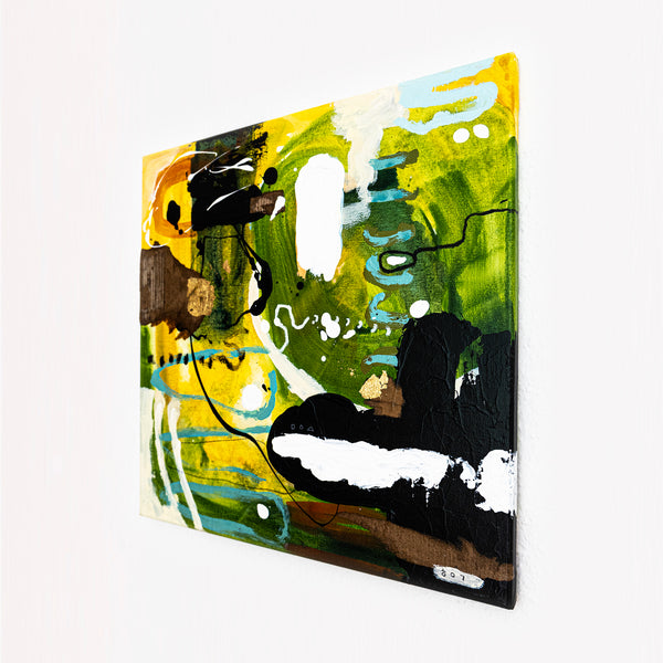 Abstract Painting – Original Wall Art – Acrylic Oil & Mixed Media on Canvas – Green Yellow Painting – "Subcon-Verte I" – 20"x20" (50x50cm)