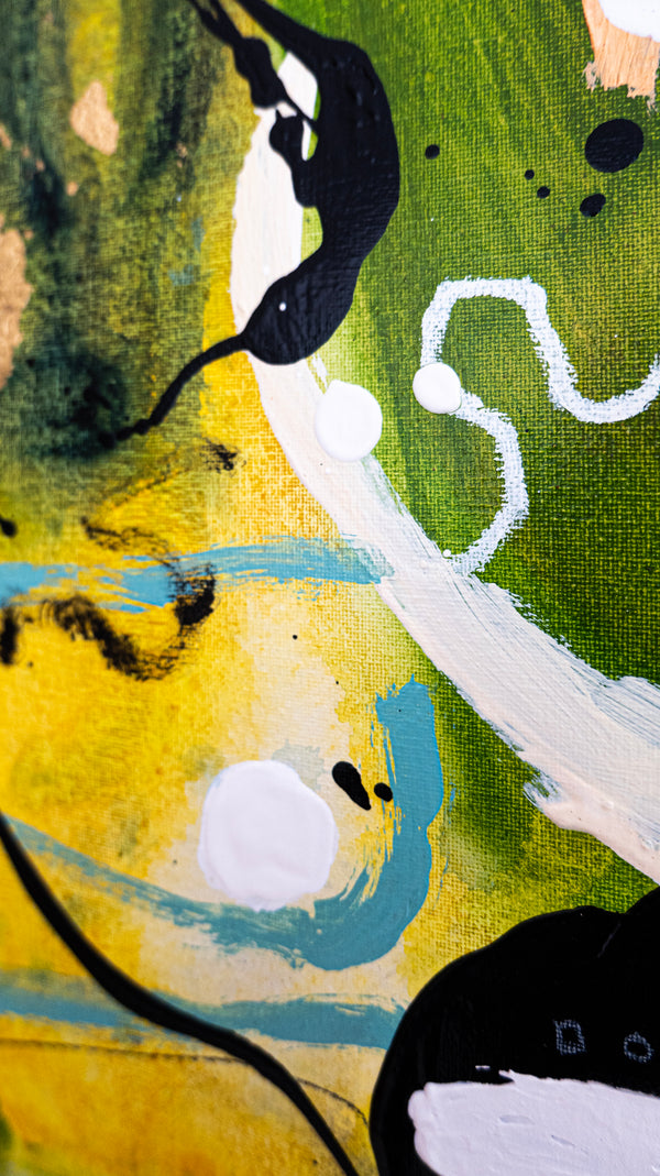 Abstract Painting – Original Wall Art – Acrylic Oil & Mixed Media on Canvas – Green Yellow Painting – "Subcon-Verte I" – 20"x20" (50x50cm)