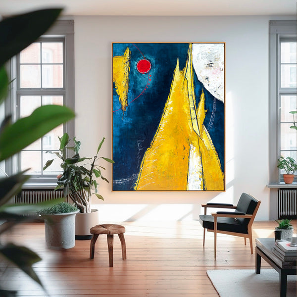 Abstract Painting – Original Wall Art – Large Oil & Acrylic Painting on Canvas – Modern Minimalist Contemporary Art – “Sun, Mountain, Moon”