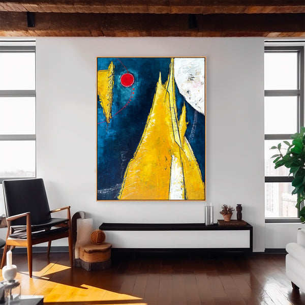 Abstract Painting – Original Wall Art – Large Oil & Acrylic Painting on Canvas – Modern Minimalist Contemporary Art – “Sun, Mountain, Moon”