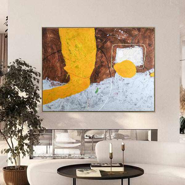 Brown and Yellow Abstract Original Acrylic Painting, Modern Canvas Wall Art in Minimalistic Composition | Synthesis