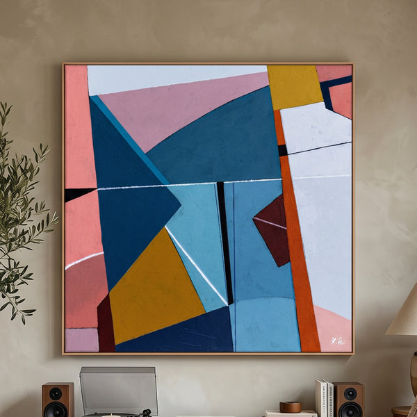 Bold Teal Geometric Abstract Wall Art — Modern Original Oil Painting, Textured Canvas — "Tensio Suavis"