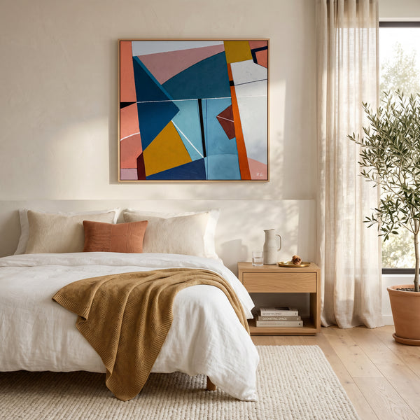 Bold Teal Geometric Abstract Wall Art — Modern Original Oil Painting, Textured Canvas — "Tensio Suavis"