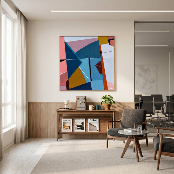 Bold Teal Geometric Abstract Wall Art — Modern Original Oil Painting, Textured Canvas — "Tensio Suavis"