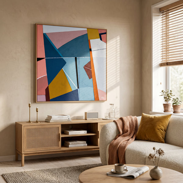 Bold Teal Geometric Abstract Wall Art — Modern Original Oil Painting, Textured Canvas — "Tensio Suavis"
