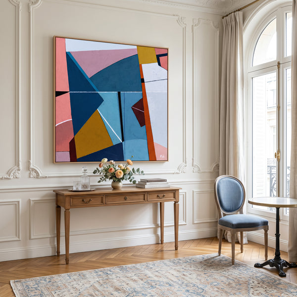 Bold Teal Geometric Abstract Wall Art — Modern Original Oil Painting, Textured Canvas — "Tensio Suavis"