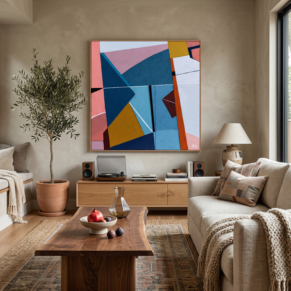 Bold Teal Geometric Abstract Wall Art — Modern Original Oil Painting, Textured Canvas — "Tensio Suavis"