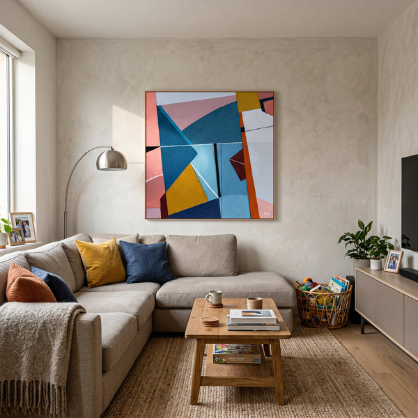 Bold Teal Geometric Abstract Wall Art — Modern Original Oil Painting, Textured Canvas — "Tensio Suavis"