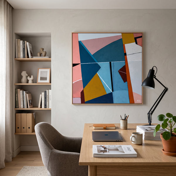 Bold Teal Geometric Abstract Wall Art — Modern Original Oil Painting, Textured Canvas — "Tensio Suavis"