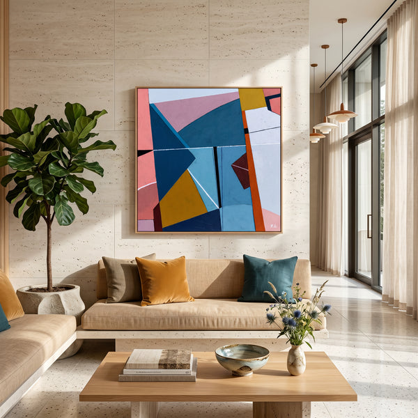Bold Teal Geometric Abstract Wall Art — Modern Original Oil Painting, Textured Canvas — "Tensio Suavis"