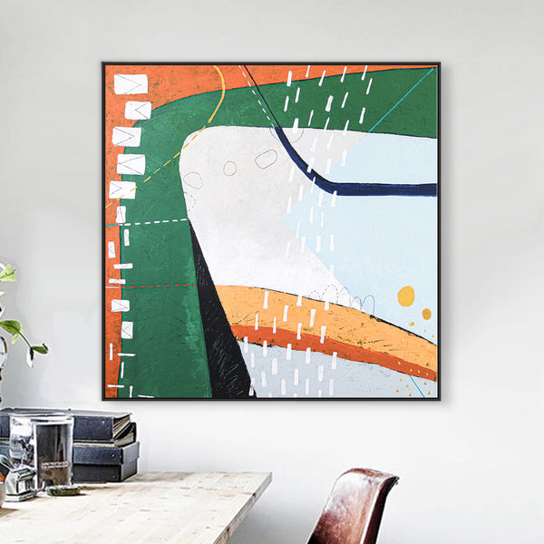 Playful Modern Large Abstract Original Painting in Green and Orange, Canvas Wall Art | The horizon of thought