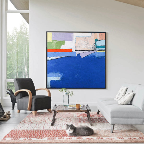 Refreshing Seascape in Minimalist Modern Abstract Original Painting, Blue Color Large Canvas Wall Art | There