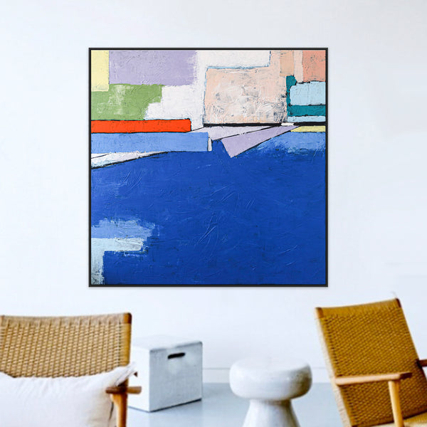 Refreshing Seascape in Minimalist Modern Abstract Original Painting, Blue Color Large Canvas Wall Art | There
