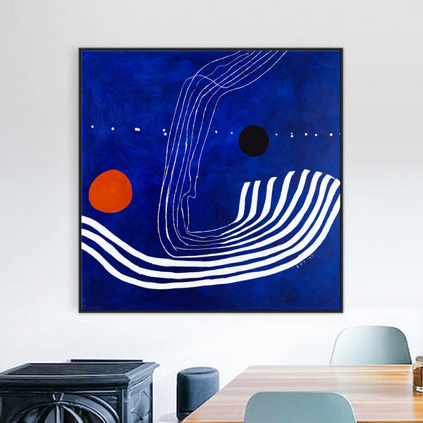 Abstract Original Oil Painting, Canvas Wall Art Capturing the Surreal Beauty of a Crimson Lunar Rise | The red moon in the blue evening (48"x48")
