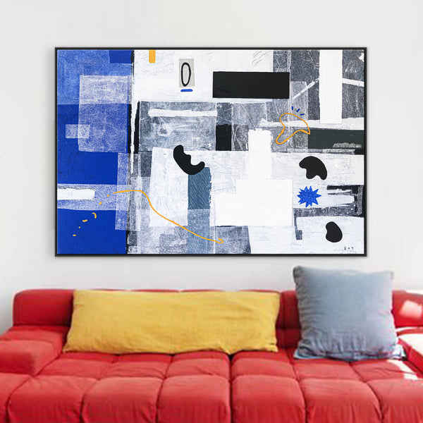 Calm Modern Abstract Geometric Original Painting, Mixed Media & Blue Canvas Wall Art | Thinking of a night sea (72"x48")