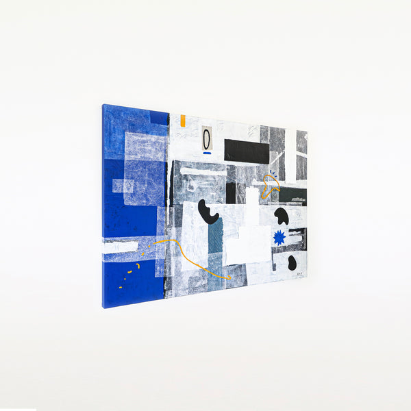 Calm Modern Abstract Geometric Original Painting, Mixed Media & Blue Canvas Wall Art | Thinking of a night sea (72"x48")