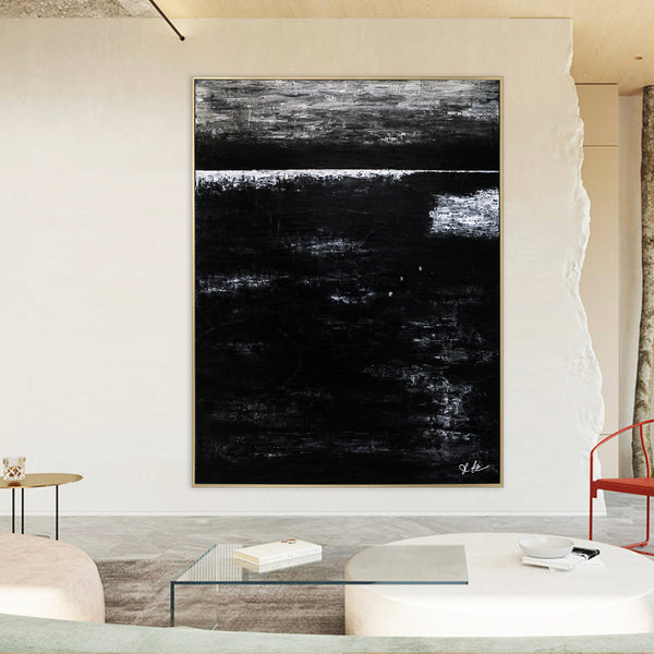 Modern Expressionism Abstract Painting, Black & White Canvas Art in Monochromatic Minimalism | Black Abstract II