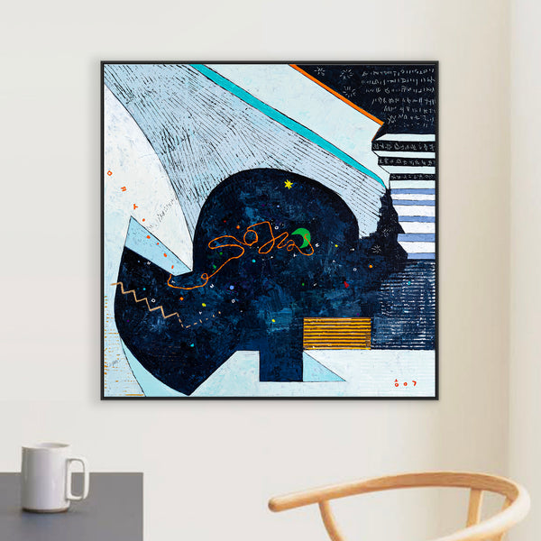 Captivating Modern Abstract Geometry Original Painting, Canvas Wall Art in Blue Tones | Under the green moonlight II (30"x30")