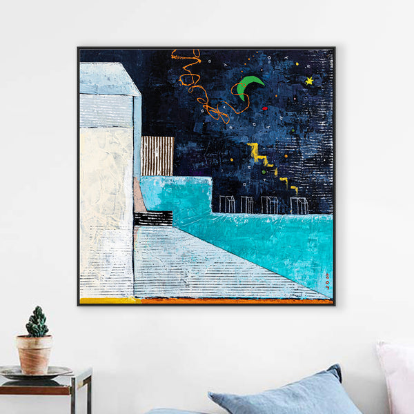 Captivating Modern Abstract Geometry Original Painting, Canvas Wall Art in Blue Tones | Under the green moonlight I (30"x30")