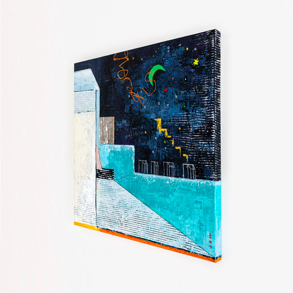 Captivating Modern Abstract Geometry Original Painting, Canvas Wall Art in Blue Tones | Under the green moonlight I (30"x30")