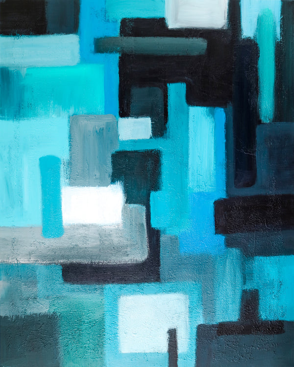 Original Abstract Painting in Acrylic, Large Canvas Wall Art of Overlapping Turquoise and Black Shapes | Assembled