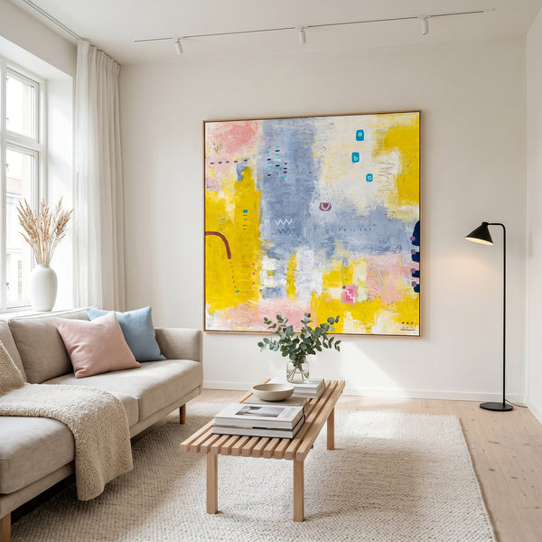 Yellow Modern Abstract Wall Art — Original Oil Painting, Textured Canvas Hand-painted — "Vestigia Calida II"
