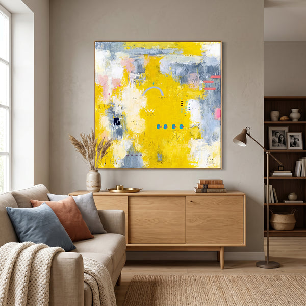 Vibrant Yellow Bold Abstract Wall Art — Modern Original Oil Painting, Textured Canvas — "Vestigia Calida I"
