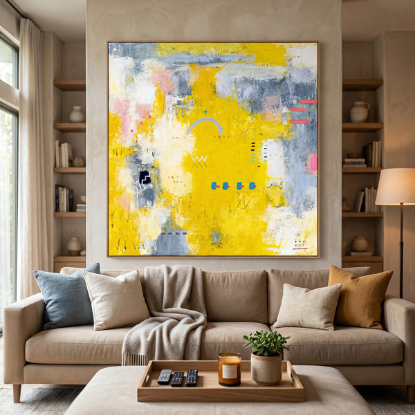 Vibrant Yellow Bold Abstract Wall Art — Modern Original Oil Painting, Textured Canvas — "Vestigia Calida I"