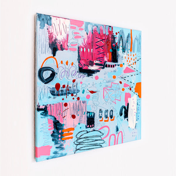 Abstract Painting – Original Wall Art, Acrylic & Oil Painting on Canvas, Mixed Media Framed Painting – Whimsical Rhythm – 20"x20" (50x50cm)