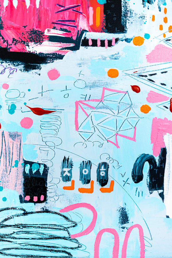 Abstract Painting – Original Wall Art, Acrylic & Oil Painting on Canvas, Mixed Media Framed Painting – Whimsical Rhythm – 20"x20" (50x50cm)