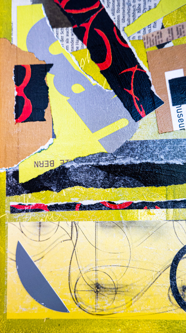 Abstract Collage Art – Original Wall Art – Acrylic Oil & Mixed Media on Wood – Modern Textured Painting – "Witz II" – 12"x16" (30x40cm)