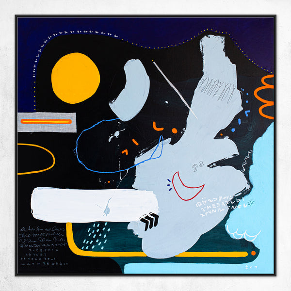 Modern Abstract Original Mixed Media Painting of the Yellow Moon & Blue Night Sky, Canvas Wall Art | Yellow Dal (40"x40")