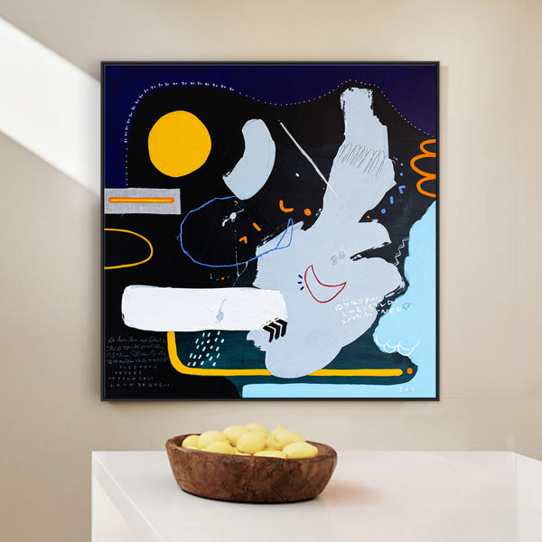 Modern Abstract Original Mixed Media Painting of the Yellow Moon & Blue Night Sky, Canvas Wall Art | Yellow Dal (40"x40")